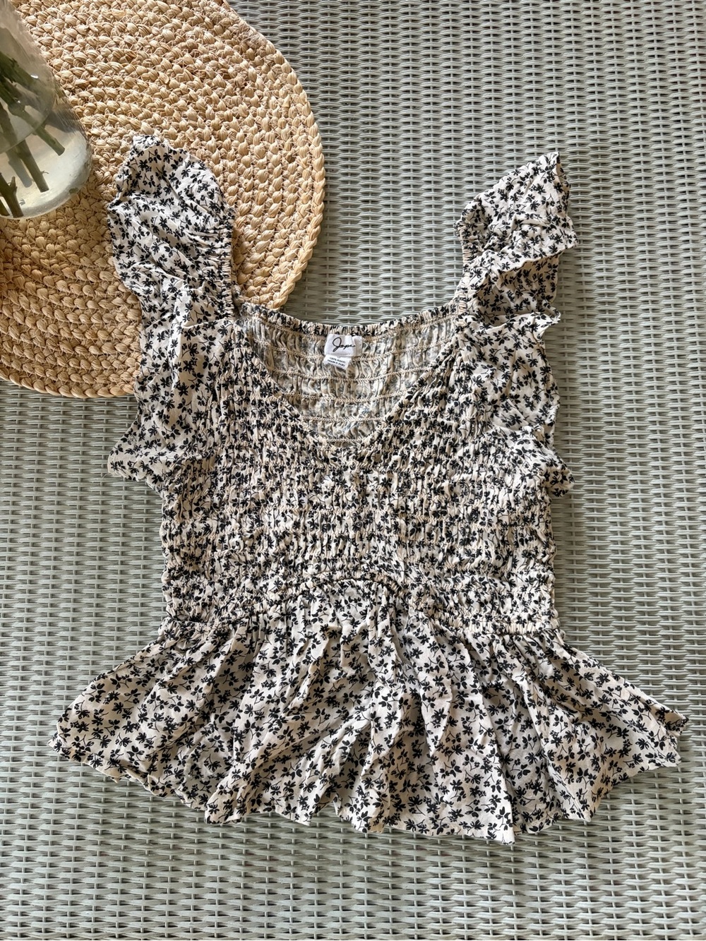 Japna Black Floral Smocked Peplum Blouse on Cream Base